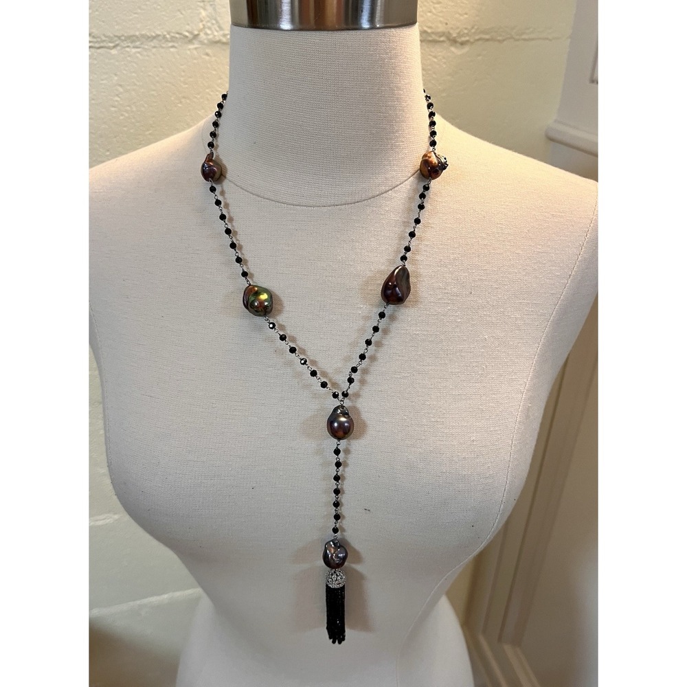 Rarities Carol Brodie 925 Baroque Pearl, Black Spinel, &‎ Zircon Tassel Necklace